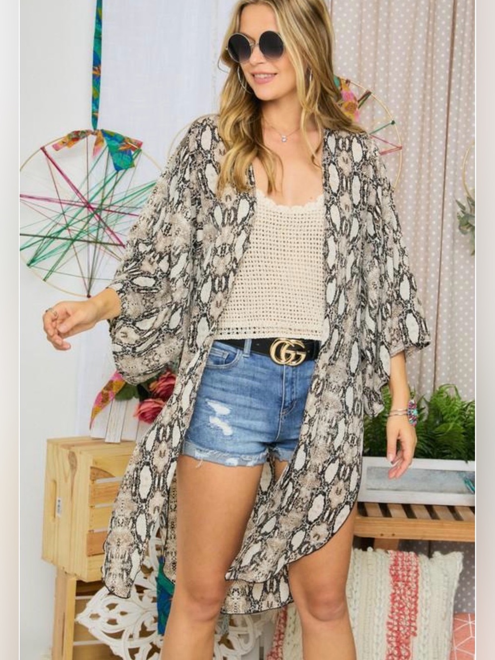 I Joah Premium Snakeskin Button Front Maxi Shirt Dress Duster Beige Charcoal ~ S